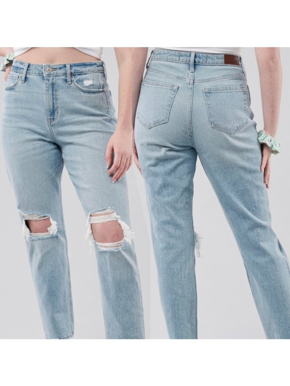 HOLLISTER Ultra High Rise Ripped Light Wash Mom Jeans Cropped JUNIORS 5 W27 L27